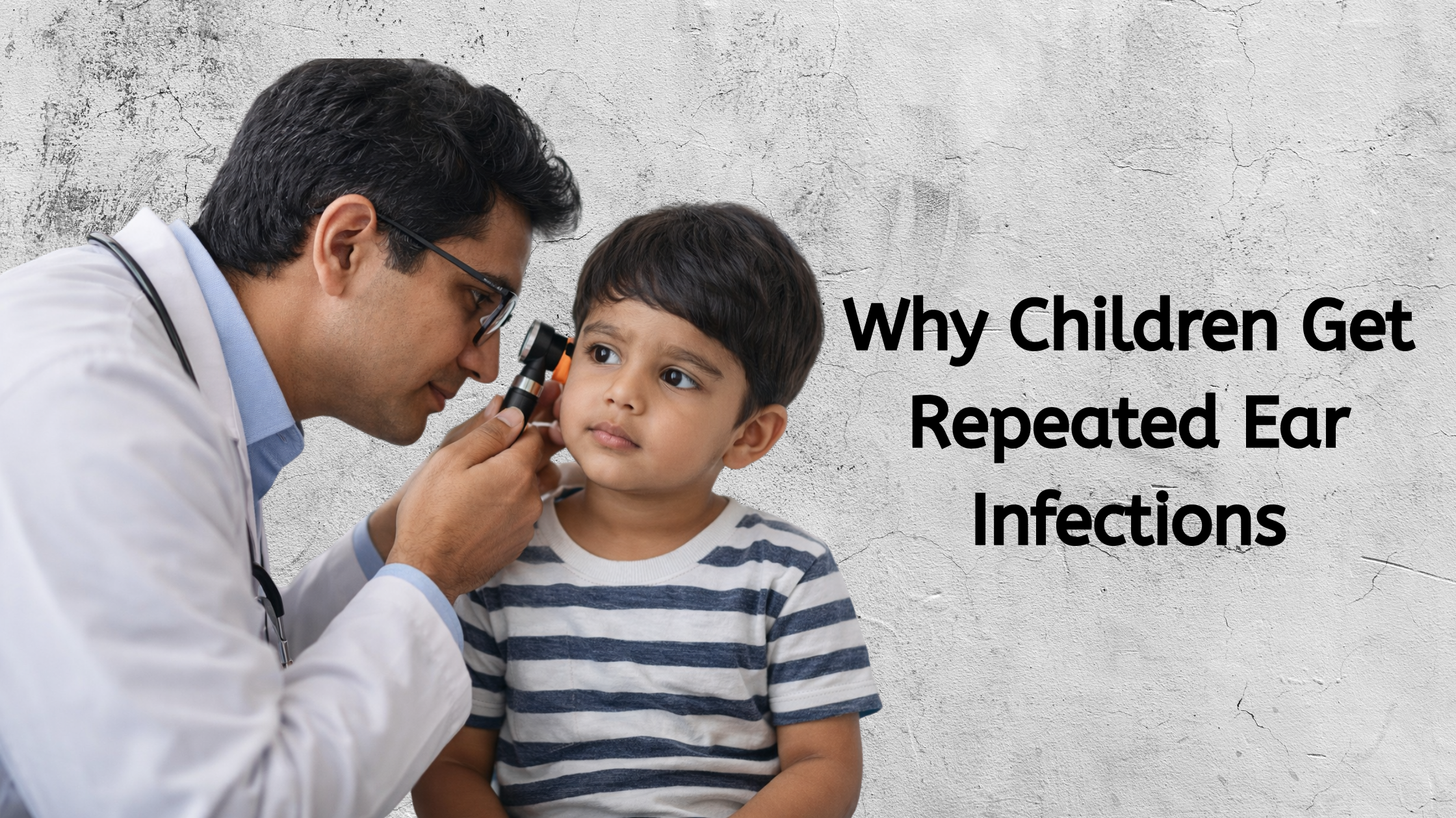 Indian pediatrician examining a child’s ear for infection in clinic